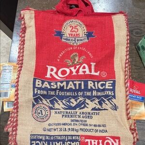 Red and Tan Royal Basmati Rice Burlap Bag